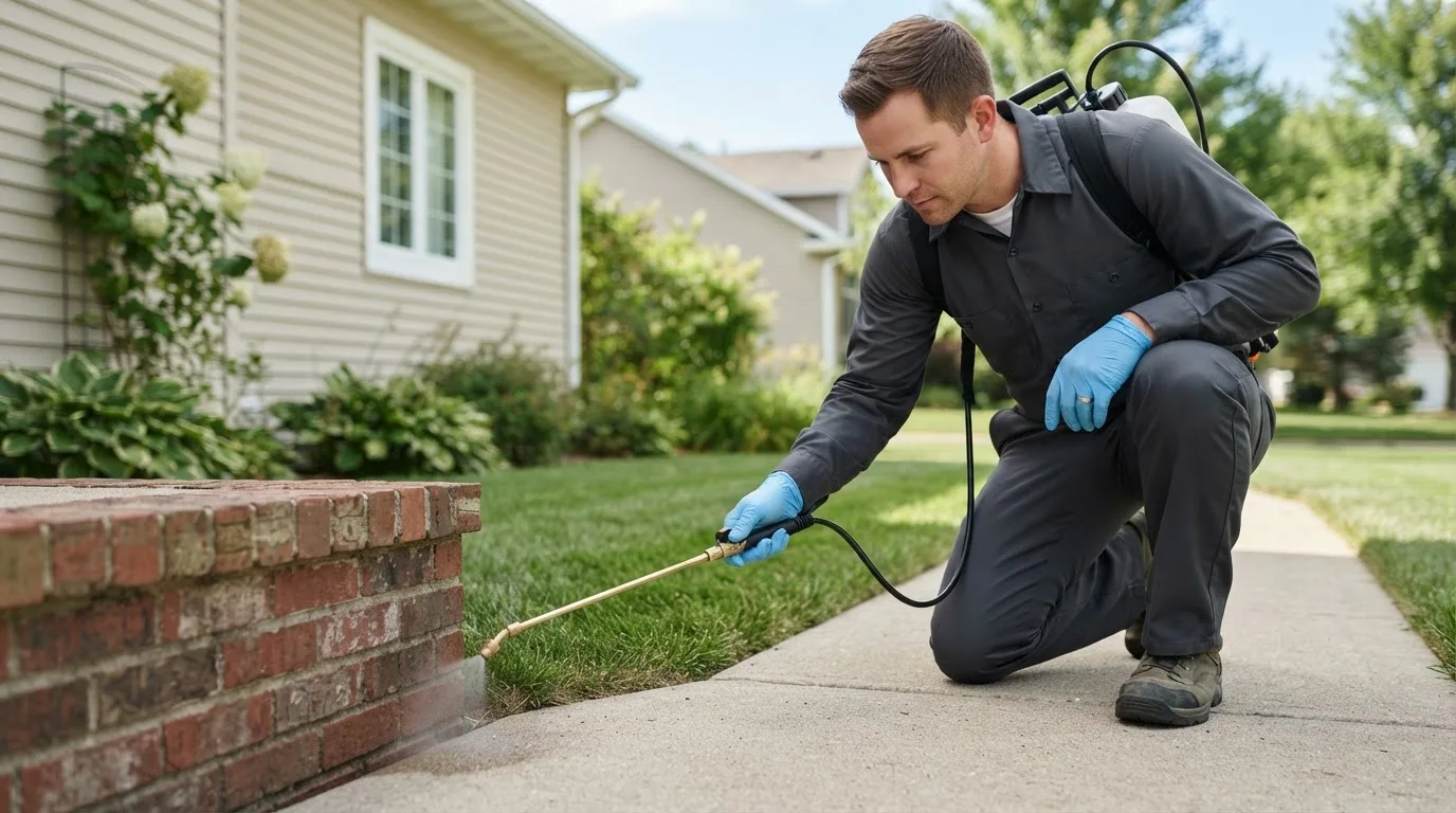 Pest control technician treating a home near Fullerton, NE