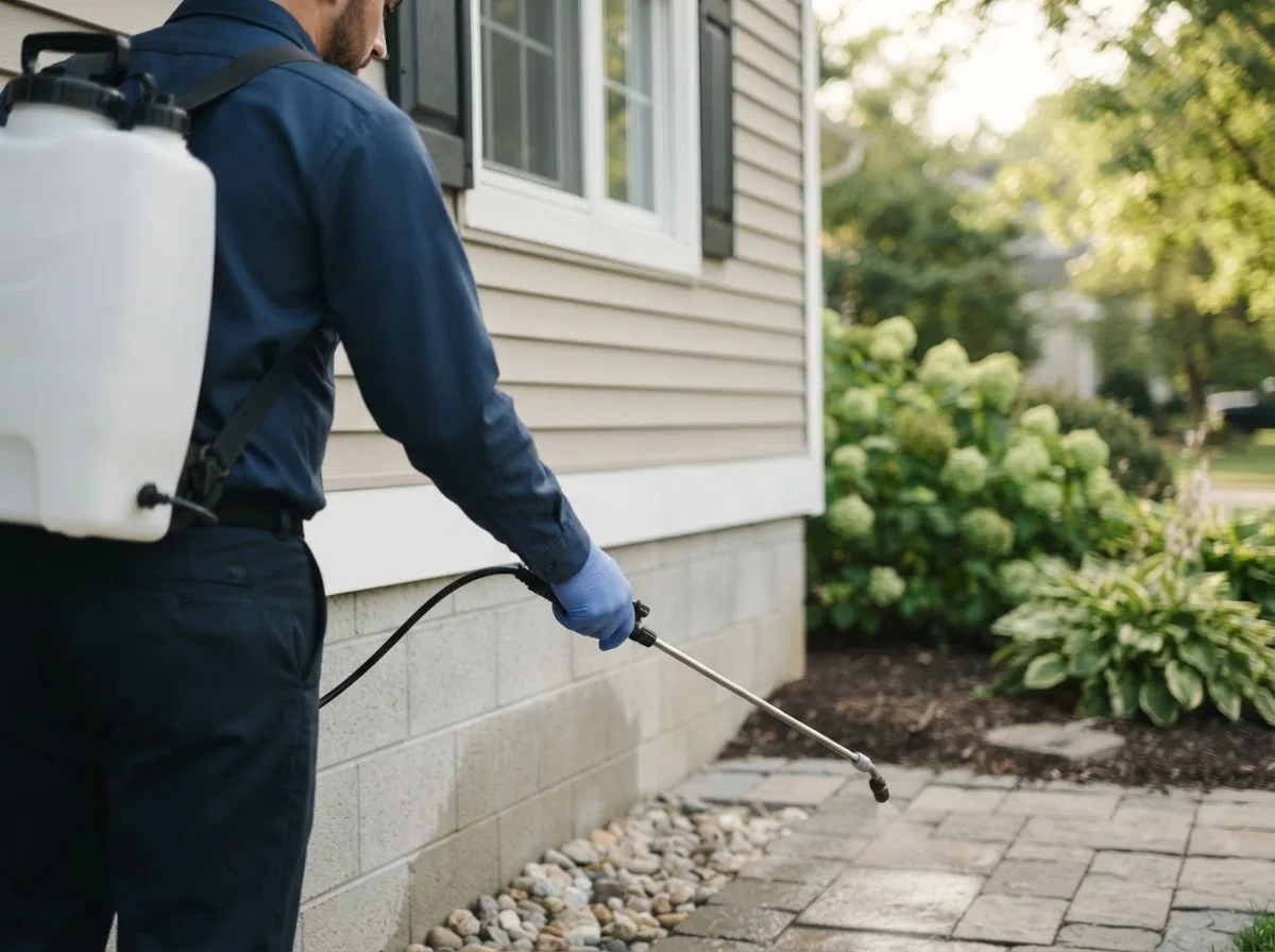 Pest control technician inspecting a home in Fullerton, NE
